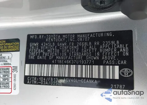 2007 Toyota Camry Le from USA, damaged, VIN 4T1BE46K37U193771